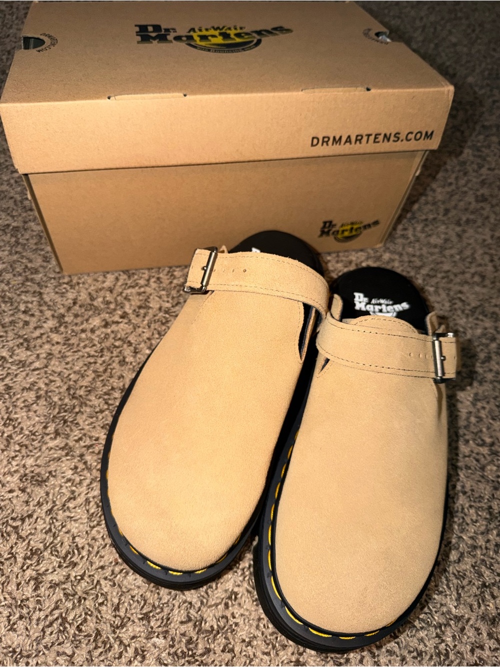 Dr. Martens Beige Suede Buckle Clogs